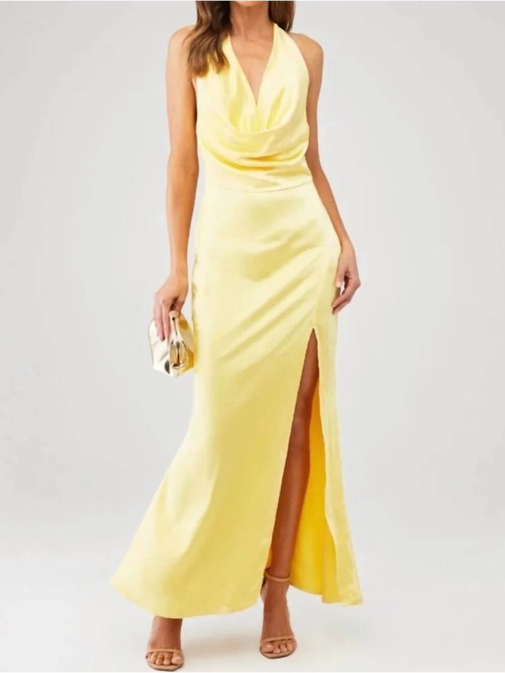 Elliatt Lemon Halter Cowl Maxi Dress with Side Slit